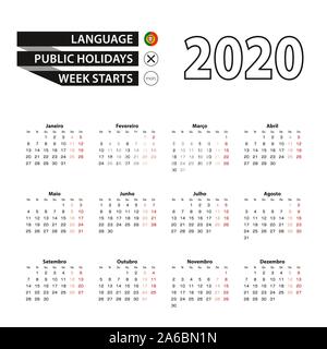 Calendrier 2020 en langue portugaise, la semaine commence le lundi. Calendrier de l'année 2020 Vector. Illustration de Vecteur