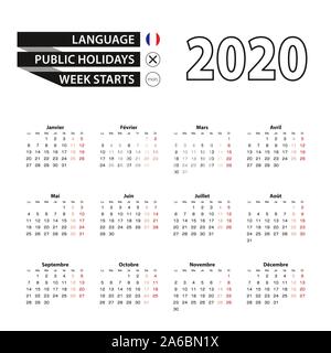 Calendrier 2020 en langue française, d'une semaine commence le lundi. Calendrier de l'année 2020 Vector. Illustration de Vecteur