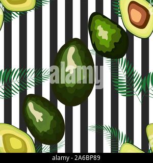 Profil de transparente avocat avec feuilles de palmier dypsis lutescens sur un fond rayé. Illustration de Vecteur