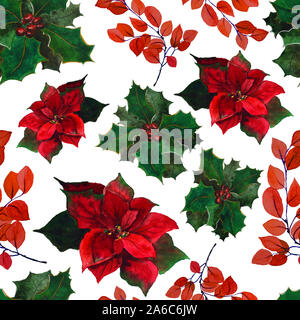 Poinsettia et houx de Noël avec motif baies sans couture, fleur aquarelle Banque D'Images