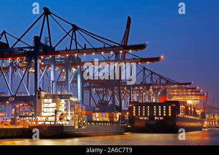 Les porte-conteneurs au terminal conteneurs Altenwerder au port de Hambourg, Allemagne. Banque D'Images