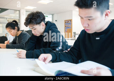 Outre-mer international étudiants assis dans une bibliothèque universitaire la lecture de livres Banque D'Images