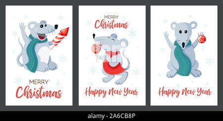 Maison de vacances hiver noël ensemble avec les cartes vectorielles smiling cute souris Illustration de Vecteur