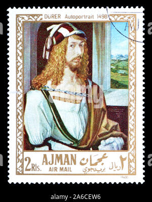 Timbre-poste imprimé par Ajman, qui montre l'auto Peinture Portrait par Dürer, vers 1971. Banque D'Images