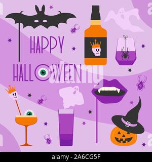Halloween Party 2020 Vector illustration inscription Halloween party, verre, araignée, chauve-souris vampire, masque Masque de bouche, fantômes, Jack O'Lantern, chapeau de sorcière, Illustration de Vecteur