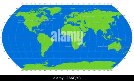 Carte de l'ensemble confirme les cratères d'impact sur la terre. Les cratères sont classés en groupes de taille par la couleur, comme suit. Blanc : 0-5km diamètre. Vert : 5-10 km de diamètre. Jaune : 10 à 50 km de diamètre. Orange : plus de 50km de diamètre. Dix-huit cratères entrent dans cette dernière catégorie, qui sont étiquetés. Ils comprennent Chicxulub dans le golfe du Mexique, ce qui a conduit à l'extinction des dinosaures, et de Vredefort en Afrique du Sud, la plus grande structure d'impact connu sur la terre. Banque D'Images