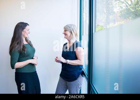 Deux personnes se rencontrent dans un bureau moderne et d'avoir une discussion informelle Banque D'Images