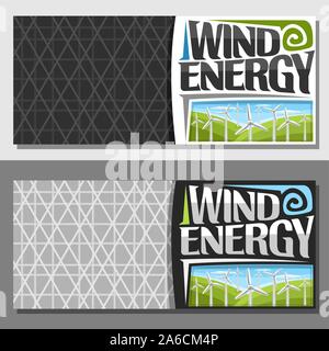 Bannières vecteur pour l'énergie éolienne avec copie espace, ticket avec de nombreux moulins à vent sur les collines d'été vert et ciel nuageux, lettrage original des mots vent ouest Illustration de Vecteur