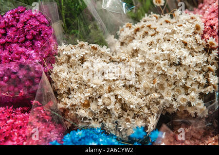 Gros plan coloré de fleurs séchées, feuilles d'herbes parfumées et gousses de graines utilisées comme confetti floraux ou potpourri pour arrangements floraux Banque D'Images