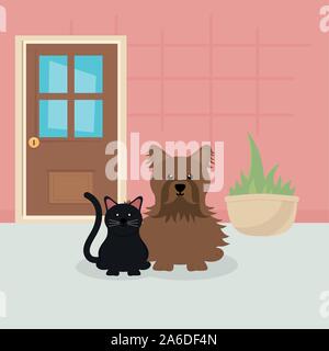 Brown chien et chat noir assis dans le prix du soin des animaux de vector illustration Illustration de Vecteur