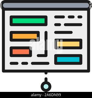 Écran de projection avec présentation, tableaux, graphiques couleur plate icône. Illustration de Vecteur