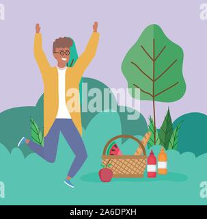 Panier pique-nique alimentaire homme saut scène forestière vector illustration Illustration de Vecteur