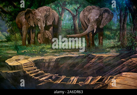 Peinture en relief et art de trick des éléphants dans la jungle au Parody Art Museum Pattaya Thaïlande Asie du Sud-est Banque D'Images