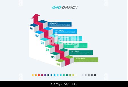 Infographic template. 6 options de couleur. Escaliers infographie. Conception avec de belles couleurs. Calendrier des présentations pour des éléments de scénario. Palette à froid. Illustration de Vecteur
