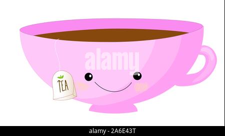 Tasse de thé cute character.Sweet sachet avec mignon visage. Objets doodle Emoji.Extra sachet à thé set. Tasse avec emoji les joues et les yeux. Belle couleur Banque D'Images