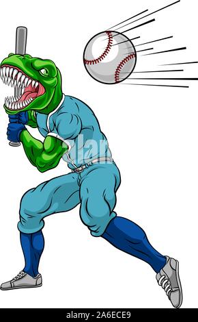 Mascotte dinosaure Baseball Player Swinging Bat Illustration de Vecteur