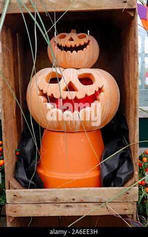 Les citrouilles et les pots de fleurs dans un centre de jardinage dans le Lancashire. Banque D'Images