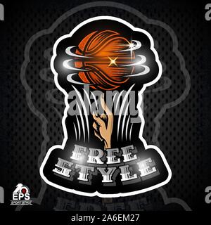 Basket-ball ball tournent sur un fingr. Logo Sport pour streetball Illustration de Vecteur