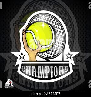 Tenir la main balle de tennis et sports de raquette dans le centre. Logo sport vecteur pour qu'une équipe Illustration de Vecteur