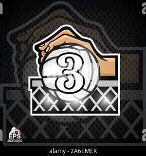 Tenir la main au-dessus de volleyball net avec numéro 3 ou la troisième place. Logo sport pour toute équipe ou la concurrence Illustration de Vecteur