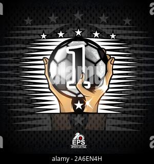 Deux mains tiennent un ballon de soccer avec le numéro un. Le sport le logo de l'équipe de football ou de la concurrence Illustration de Vecteur