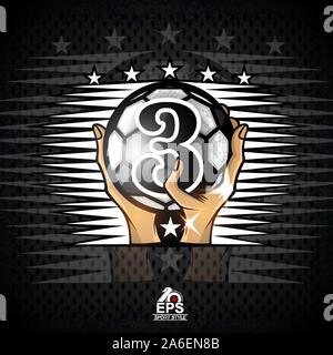 Deux mains tiennent un ballon de soccer avec numéro trois. Le sport le logo de l'équipe de football ou de la concurrence Illustration de Vecteur