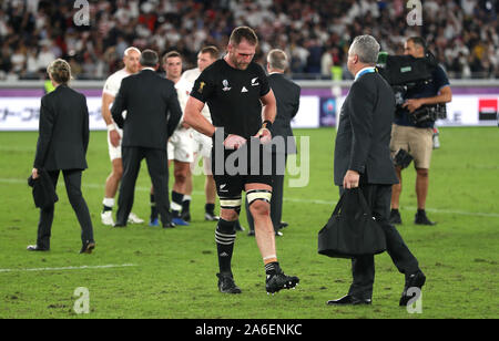 La Nouvelle-Zélande Kieran Read couvert de sang après la Coupe du Monde de Rugby 2019 match de demi-finale au stade international de Yokohama. Banque D'Images