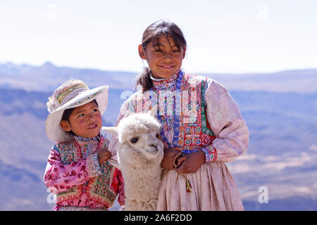 Deux jeunes filles posent avec un Alpaga près d'Arequipa au Pérou. Banque D'Images