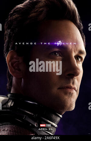 Affiche pour l'avance de caractères Avengers : Endgame (2019) réalisé par Anthony et Joe Russo avec Paul Rudd comme Scott Lang / Ant-Man. La conclusion épique et 22e film dans l'univers cinématographique de Marvel. Banque D'Images