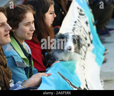 Vancouver, Colombie-Britannique, Canada, 25 octobre 2019. Un chien se joint aux manifestants tenant une bannière après l'adolescence suédoise Greta activiste Thunberg arrive pour l'après élection fédérale vendredi mars grève climatique qui commence et se termine à la Vancouver Art Gallery à Vancouver (Colombie-Britannique) le vendredi 25 octobre, 2019. Organisé par les jeunes de la led, Sustainabiliteens, Greta et un tour sur un total de près de 10 000 activistes du climat d'action de la demande de l'industrie et les différents paliers de gouvernement et appuient les 15 jeunes qui ont annoncé leur intention de poursuivre le gouvernement fédéral alléguant qu'il a contribué Banque D'Images