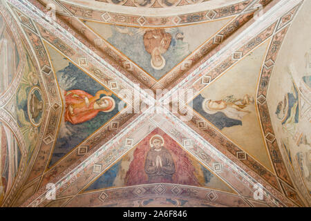 Fresques illustrant la vie de saint François à l'intérieur de la chapelle San Francesco, Pienza, Toscane, Italie Banque D'Images