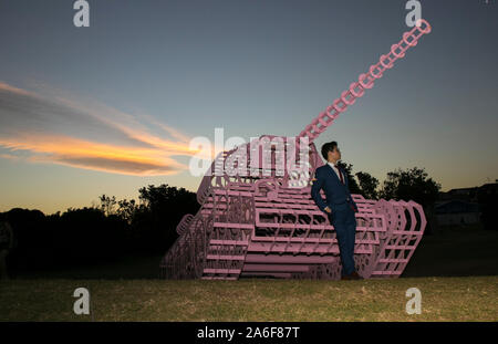 Sydney, Australie. 26Th Oct, 2019. Un homme se distingue par une exposition de la sculpture de l'exposition La mer à Bondi Beach à Sydney, Australie, le 26 octobre, 2019. L'exposition est ouverte au public du 24 octobre au 10 novembre. Credit : Bai Xuefei/Xinhua/Alamy Live News Banque D'Images