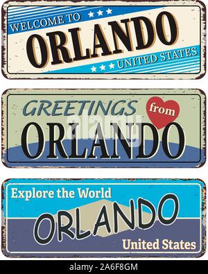 Orlando Vintage tin sign collection avec USA Nom de ville. Signe ou une carte postale souvenir rétro des modèles sur vieux métal arrière-plan. Thème de voyage. Illustration de Vecteur