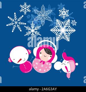 Carte de Noël hiver avec matrioshka et des bonhommes sur un fond bleu avec de la neige Illustration de Vecteur