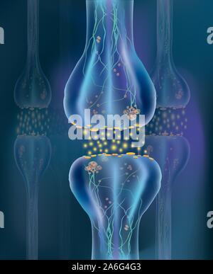 La signalisation dans le cerveau. Connexions neuronales dans le cerveau sous forme de pensées, concept de l'apprentissage. Transmission des impulsions dans un organisme vivant. Synapse Illustration de Vecteur
