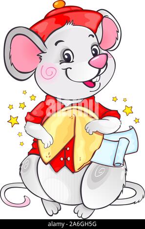 Cute White Metal Rat avec biscuit de fortune pour la nouvelle année 2020 Illustration de Vecteur