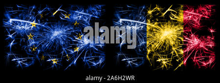 L'Union européenne, l'UE contre le Tchad, célébration du nouvel an tchadien drapeaux fireworks mousseux fond concept. Combinaison de deux membres des drapeaux. Banque D'Images