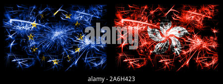 L'Union européenne, l'ue contre Hong Kong, Chine Nouvel an fête drapeaux fireworks mousseux fond concept. Combinaison de deux membres des drapeaux. Banque D'Images