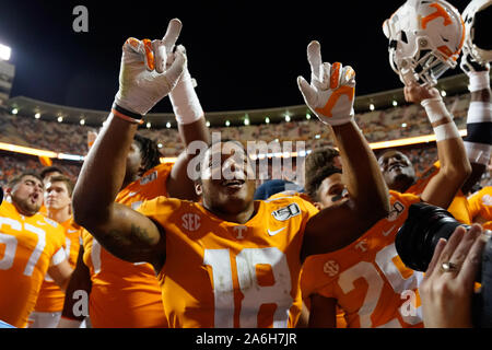 26 octobre 2019 : Nigel Warrior # 18 de la Pennsylvania bénévoles célèbre après la NCAA football match entre les bénévoles de l'Université du Tennessee et de l'Université de Caroline du Sud Gamecocks de Knoxville, TN/CSM Gangloff Tim Banque D'Images