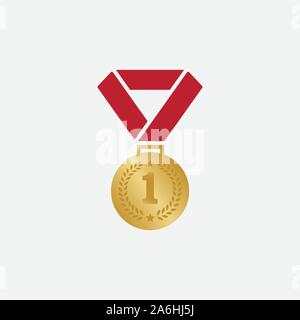 Médaille d'or modèle logo vector illustration icône concevoir, médaille avec ruban rouge pour la première place, l'icône icône illustration, télévision Médaille Médaille des champions de l'illustration le logo du prix, icône Illustration de Vecteur