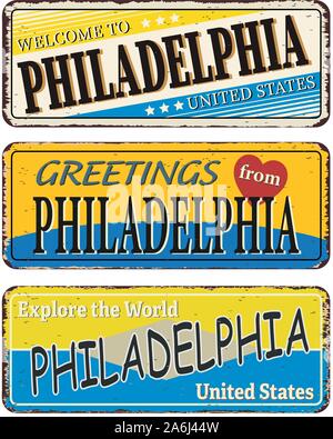 Philadelphia Vintage tin sign collection avec USA Nom de ville. Signe ou une carte postale souvenir rétro des modèles sur vieux métal arrière-plan. Thème de voyage. Illustration de Vecteur