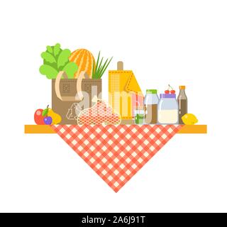 Passez au vert vegan cartoon vector illustration. Zéro déchets eco friendly' concept. Sac réutilisable avec des légumes, avec sac en filet de coton, fruits Illustration de Vecteur