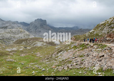 Marcher dans la chaîne de montagnes Picos de Europa au début de la route Rouge au tope du téléphérique de Fuente, Camaleno, Espagne, Europe Banque D'Images