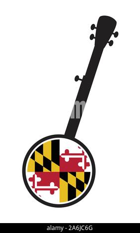 Un typique 5 string banjo en silhouette sur un fond blanc avec l'icône de l'état du Maryland Flagl Illustration de Vecteur