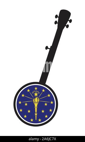 Un typique 5 string banjo en silhouette sur un fond blanc avec l'icône de l'état de l'Indiana Flagl Illustration de Vecteur