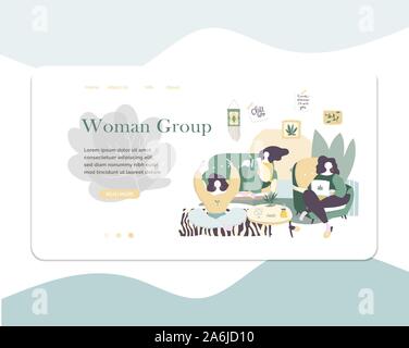 Assis femmes communiquant dans un espace commun. Groupe de femmes d'art à pince plate. Cerativity et freelance. Modèle de page Web de renvoi de site Web VIBRANT. Illustration de Vecteur