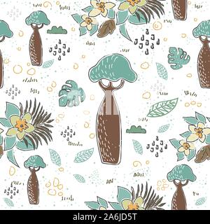 Modèle sans couture avec Baobabs et feuilles exotiques. Style scandinave. Vector Illustration Illustration de Vecteur