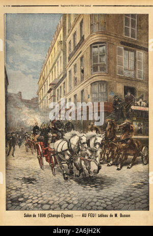 La pompe a vapeur et les véhicules des sapeurs pompiers de Paris, d'après un tableau de M. Busson. Gravure dans 'Le petit journal' 3/05/1896. Collection Banque D'Images