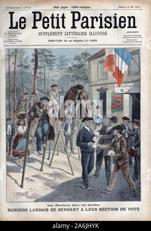 Des bergers landais sur leurs echasses se rendant à leur section de vote. Gravure dans "Le Petit Parisien", le 13/05/1906. Banque D'Images