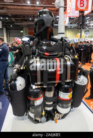 Vue arrière d'un CDLSE (l'équipement des plongeurs plongée recycleur) mis sur l'affichage lors du Big Bang juste 2019, NEC, Birmingham, UK. Banque D'Images